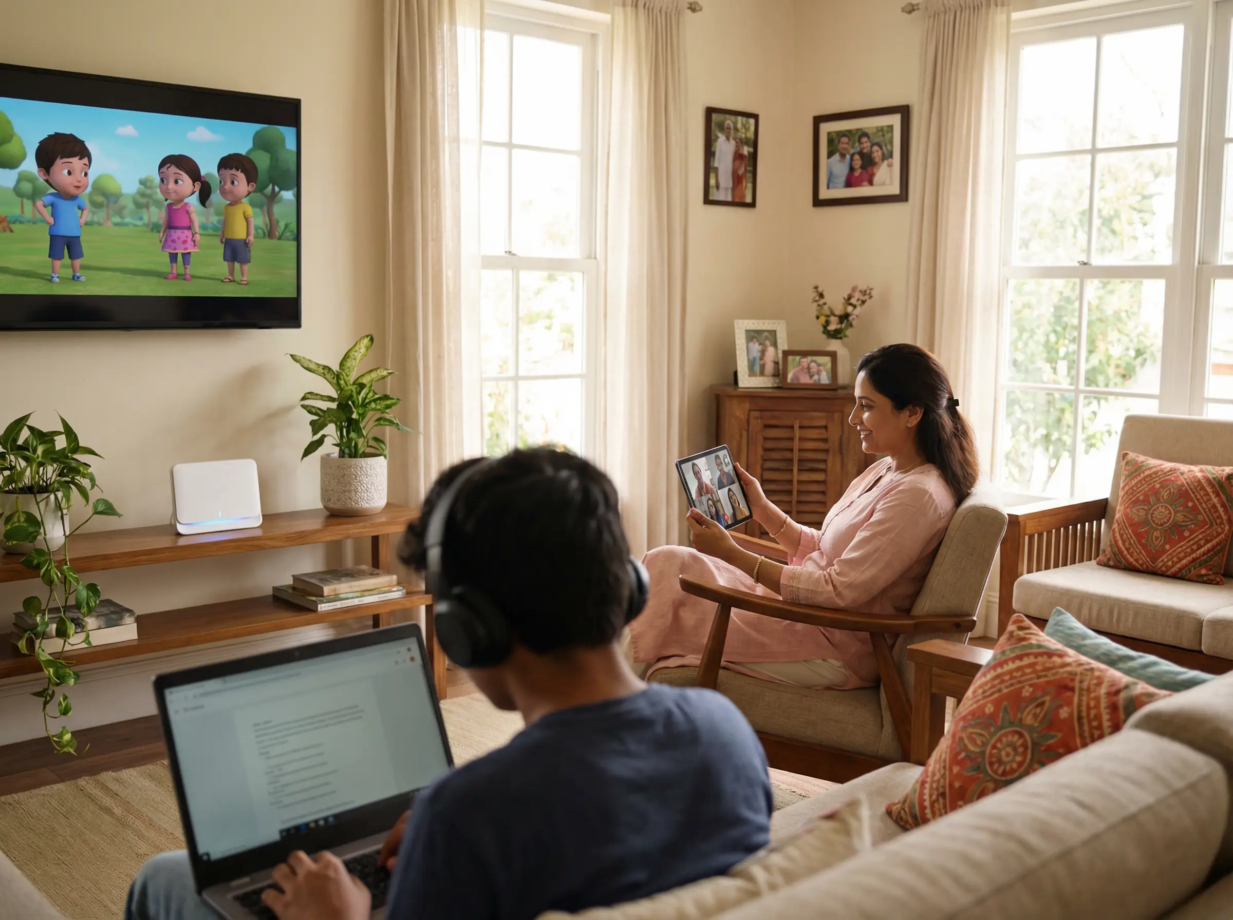 Family using high-speed internet at home